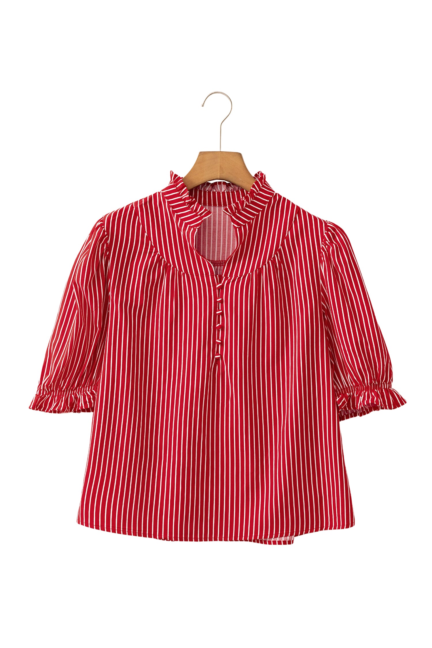 Red Stripe Ruffled Short Puff Sleeve Button Front Blouse