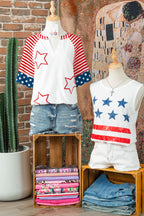 Fiery Red Star Detail Flag Inspired Short Sleeve Top