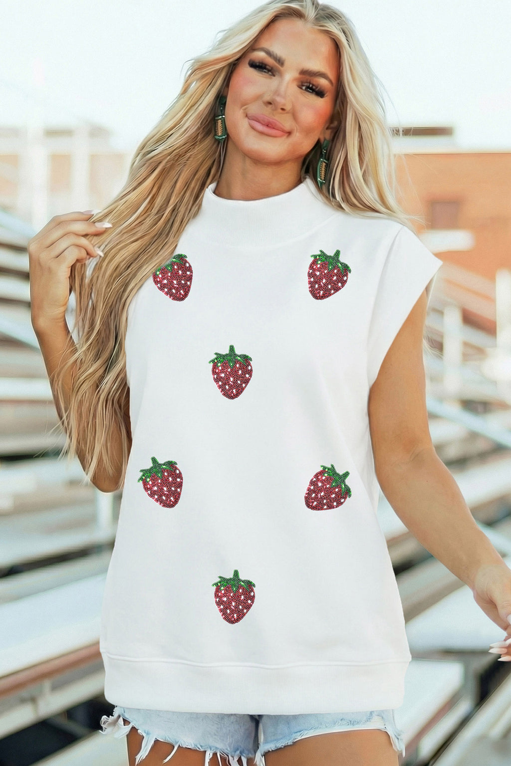 White Sequin Strawberry Graphic Mock Neck Short Sleeve Top