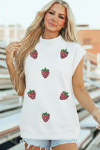 White Sequin Strawberry Graphic Mock Neck Short Sleeve Top