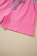 Yellow Cream Soft Ribbed Color Block Trim Casual Short Set