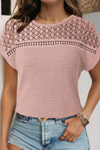 Mist Green Lace Patchwork Waffle Short Sleeve Top