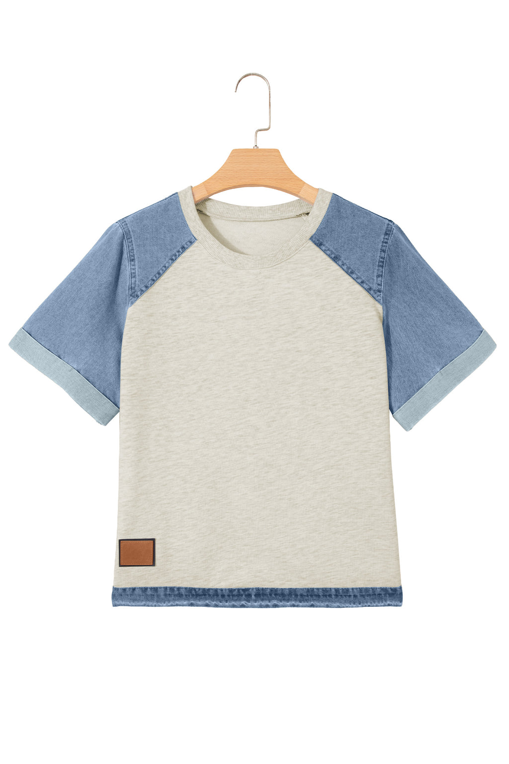 Beige Denim Color Block Patchwork Round Neck Tee