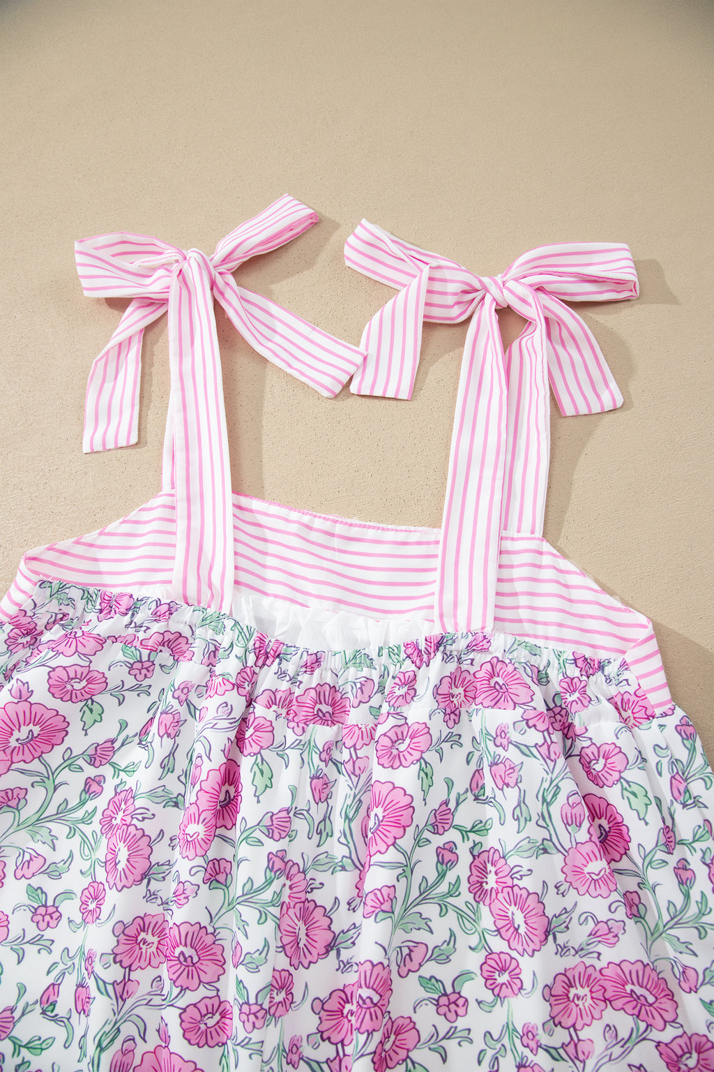 Sky Blue Floral Print Striped Patchwork Bow Knot Straps Mini Dress