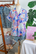 Purple Vacation Floral Print V Neck Short Sleeve Blouse
