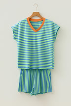 Yellow Stripe Colorblock Trim V Neck Tee Drawstring Elastic Waist Short Set