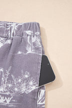 Gray Western Print Elastic Waist Cotton Denim Shorts