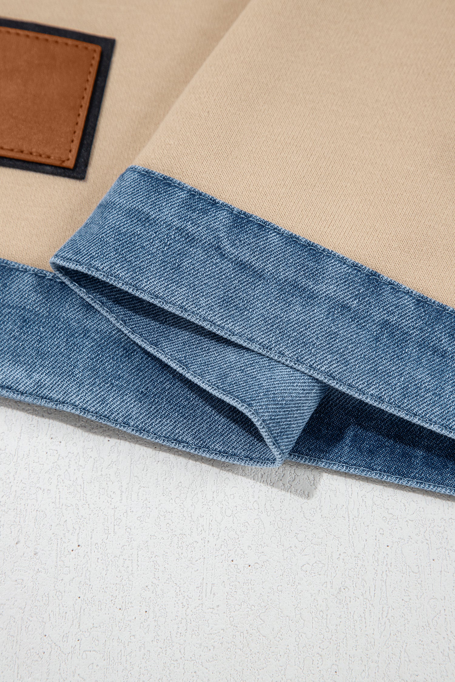 Beige Denim Color Block Patchwork Round Neck Tee