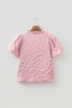 Iceland Blue Floral Textured Jacquard Puff Sleeve Blouse