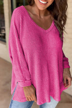 White Waffle Knit Side Slits Loose Fit V Neck Top