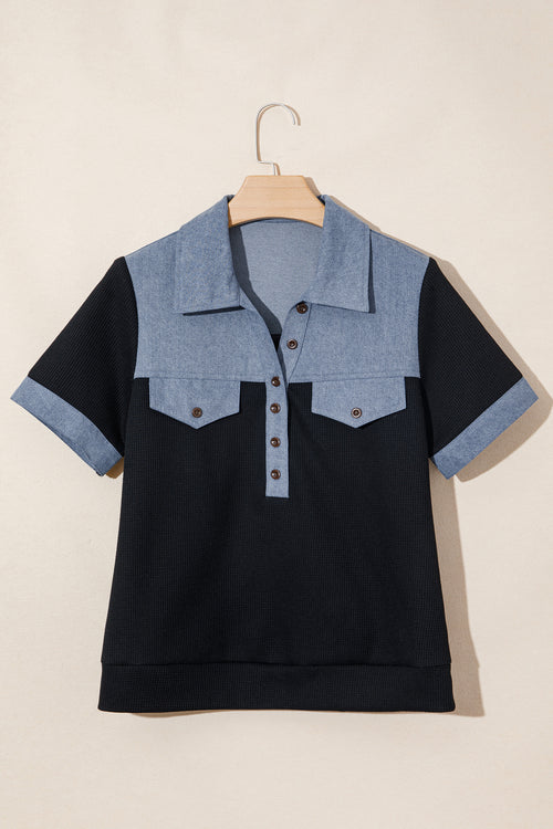 Black Waffle Knit Denim Color Block Patchwork Button Flap Polo Top