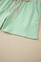 Yellow Cream Soft Ribbed Color Block Trim Casual Short Set