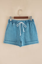 Beau Blue Contrast Drawstring Elastic Waistband Denim Shorts