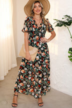 Sky Blue Fiery Floral Print Frilled V Neck Short Sleeve Maxi Dress