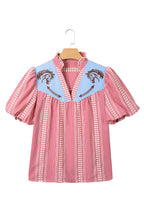 Brown Western Pony Embroidered Yoke Puff Sleeve Gingham Blouse