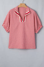 Green Plaid Short Sleeve Colorblock Trim Split Neck Blouse