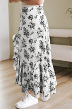 Black Boho Floral High Waist Ruffle Split Maxi Skirt