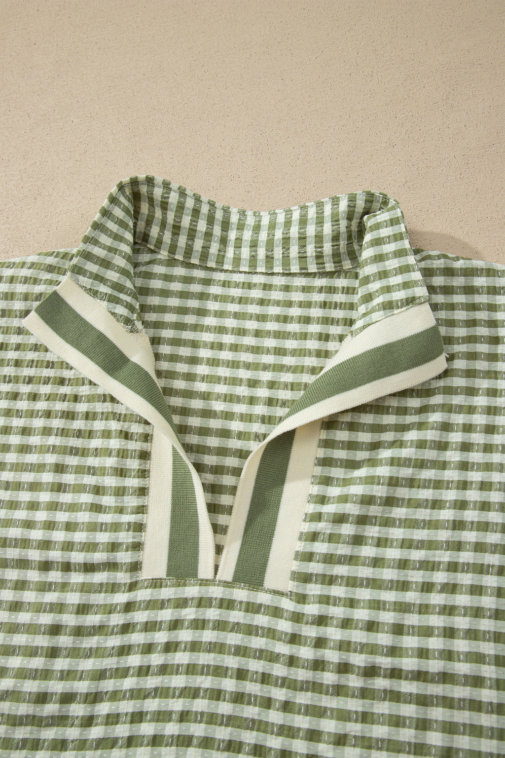 Green Plaid Short Sleeve Colorblock Trim Split Neck Blouse