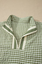 Green Plaid Short Sleeve Colorblock Trim Split Neck Blouse