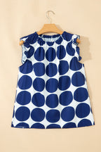 Blue Polka Dot Print Frilled Round Neck Shift Tank Top