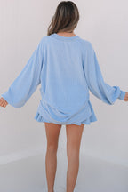 Mist Green Corded Lantern Sleeve Top High Waist Ruffled Mini Skort Set
