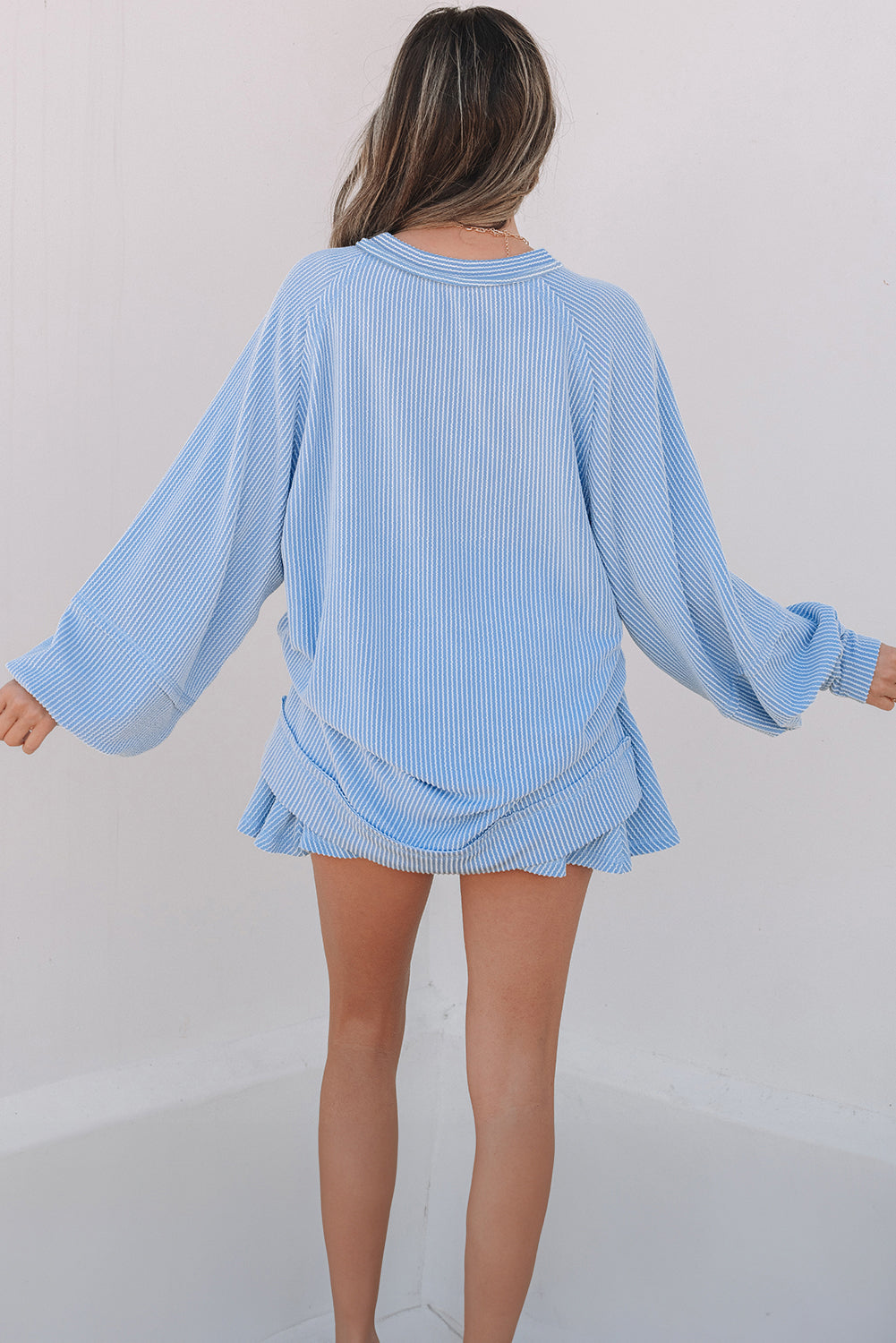 Mist Green Corded Lantern Sleeve Top High Waist Ruffled Mini Skort Set