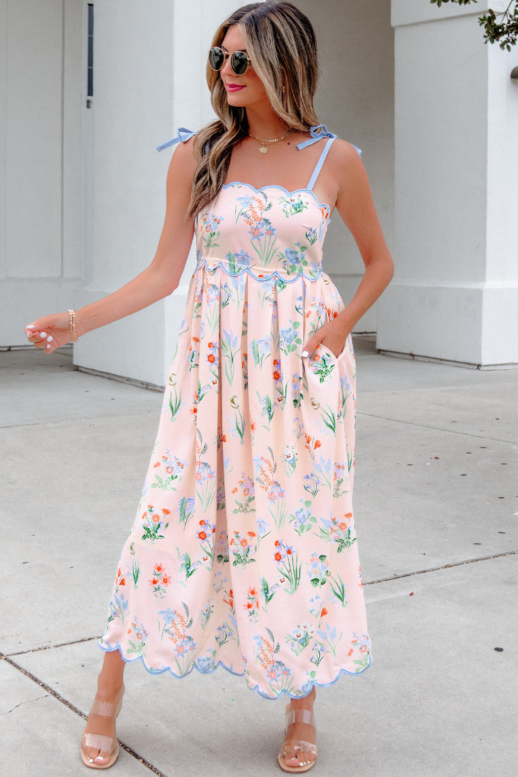 Beige Floral Print Contrast Trim Self-tie Straps High Waist Midi Dress