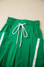 Black Contrast Striped Smocked Waist Drawstring Cropped Casual Pants