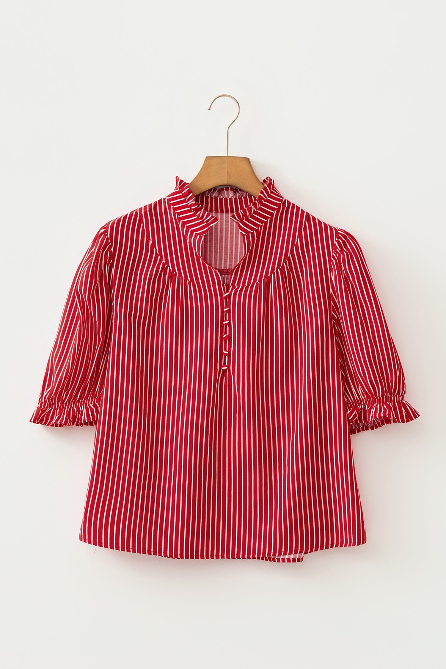 Red Stripe Ruffled Short Puff Sleeve Button Front Blouse