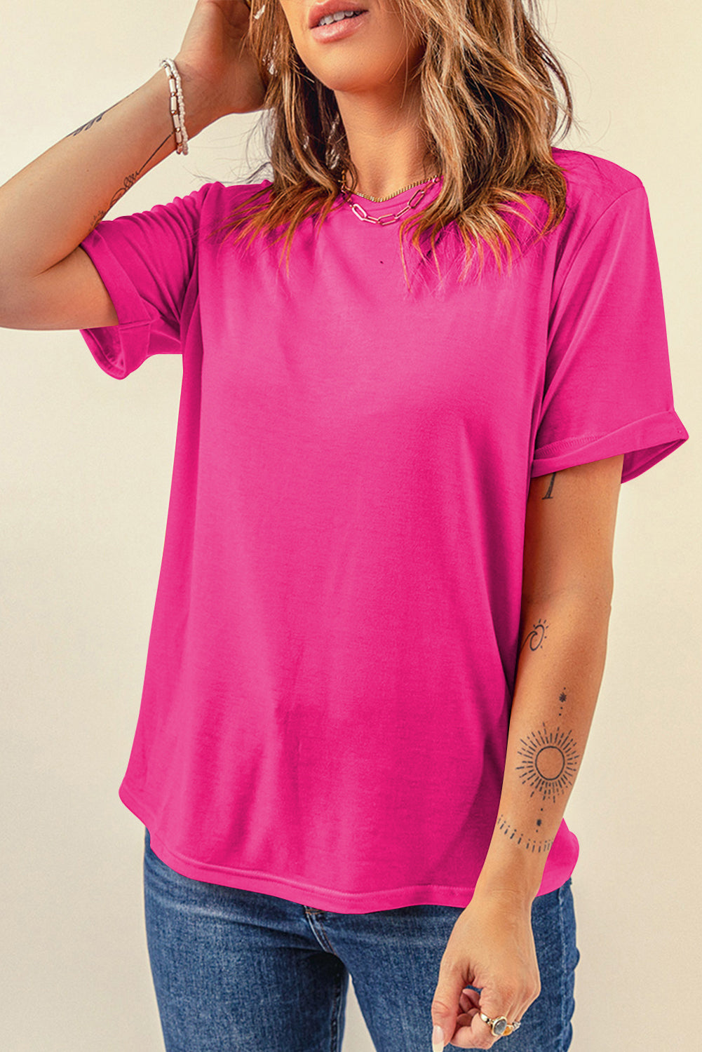 Orange Casual Plain Crew Neck Tee