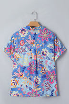 Purple Vacation Floral Print V Neck Short Sleeve Blouse