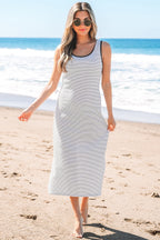 Black Stripe Criss Cross Side Slits Slim Fit Sleeveless Midi Dress