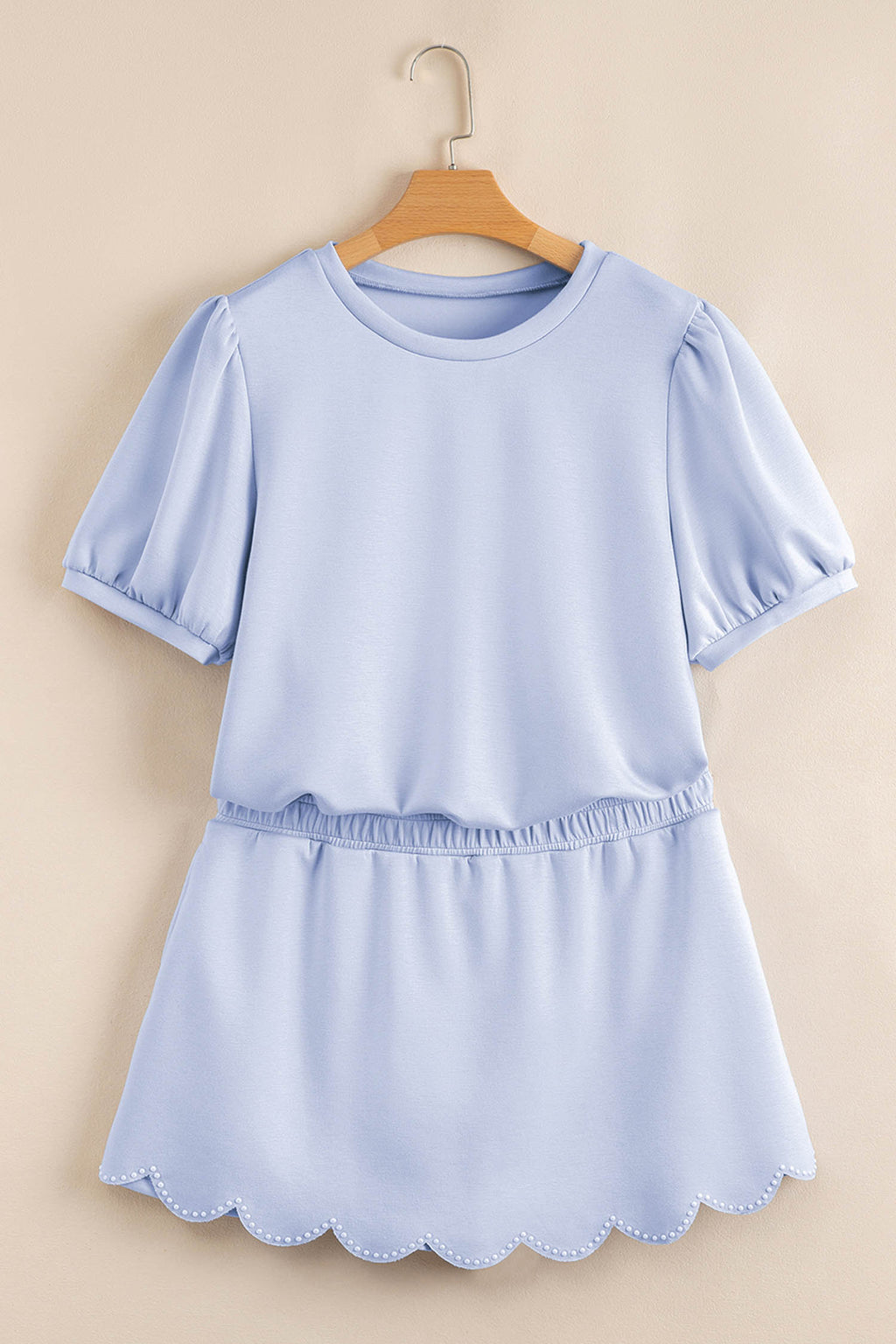 Beau Blue Puff Sleeve Pearl Embellished Scallop Trim Top 2 Piece Skort Set