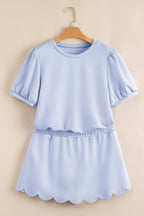 Beau Blue Puff Sleeve Pearl Embellished Scallop Trim Top 2 Piece Skort Set
