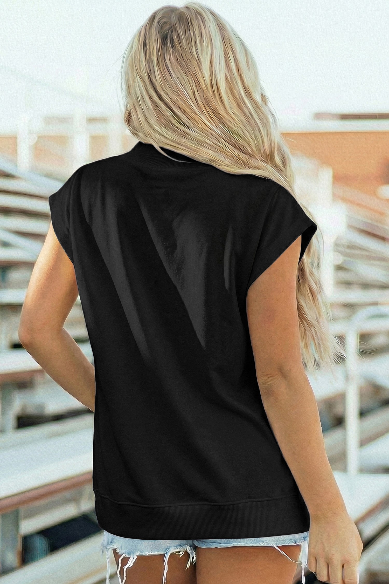 Pink Solid Color High Neck Cap Sleeve Loose Top