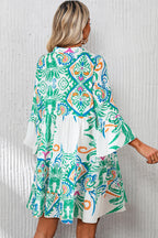 White Printed Tribal Bracelet Sleeve Buttoned Mini Dress