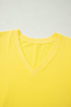 Bonbon Solid Color V Neck Short Puff Sleeve Blouse