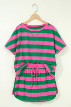 Yellow Stripe Dolman Tee Drawstring Skort Athletic 2pcs Set
