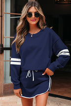 Orange Varsity Stripe Detail Drop Shoulder Pullover Mini Skort Set