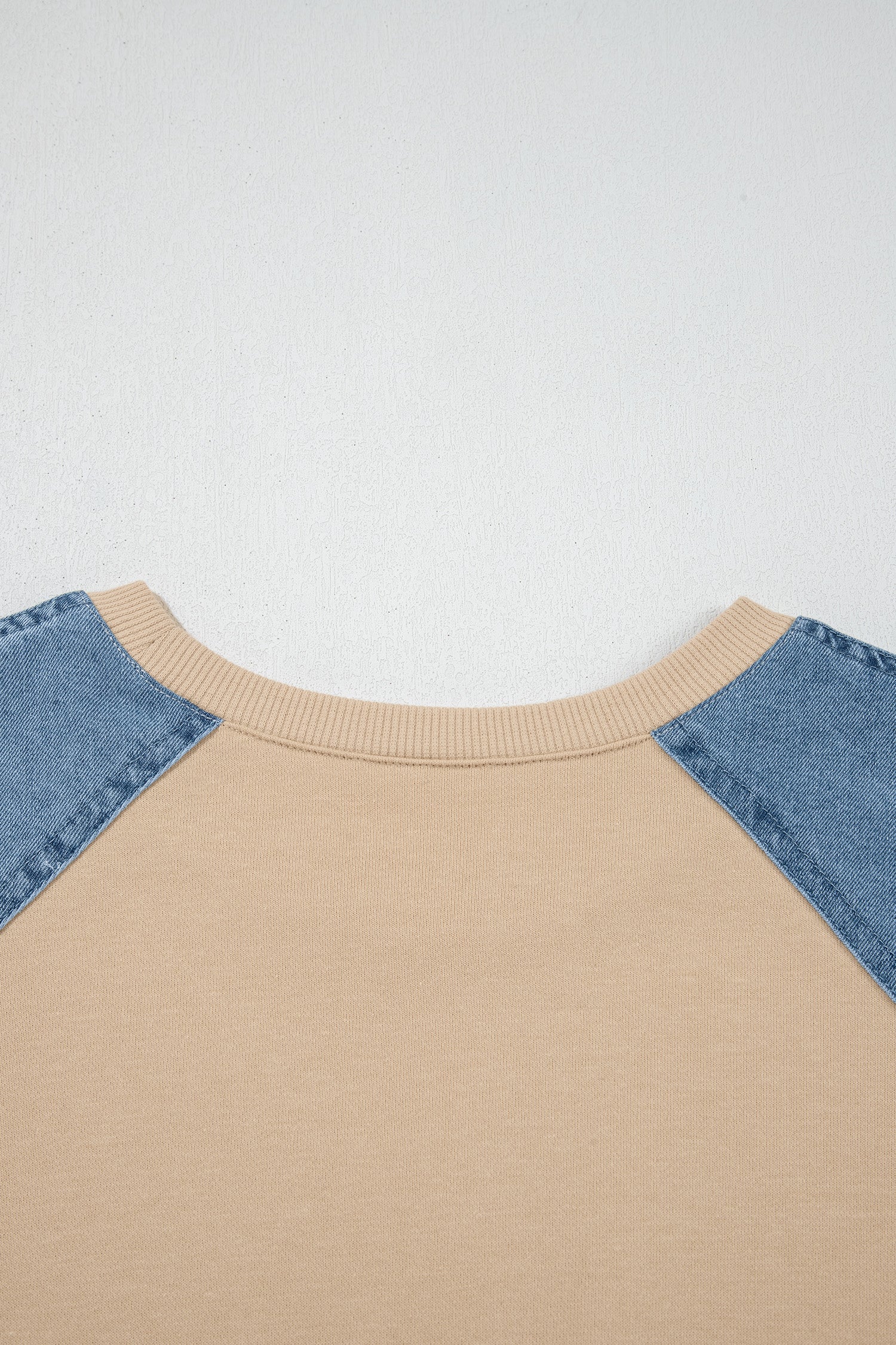 Beige Denim Color Block Patchwork Round Neck Tee