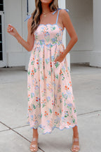 Beige Floral Print Contrast Trim Self-tie Straps High Waist Midi Dress