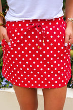 Fiery Red Polka Dot Drawstring Casual Mini Skort