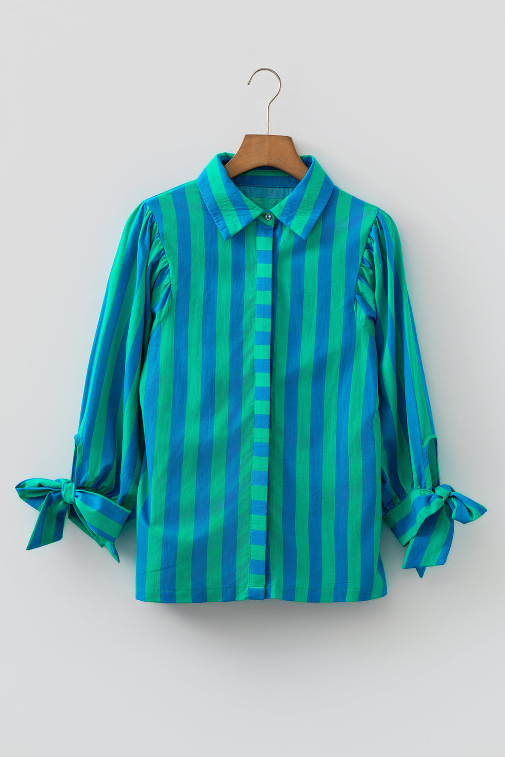 Red Stripe Tie Puff Sleeve Womens Button Down Shirt