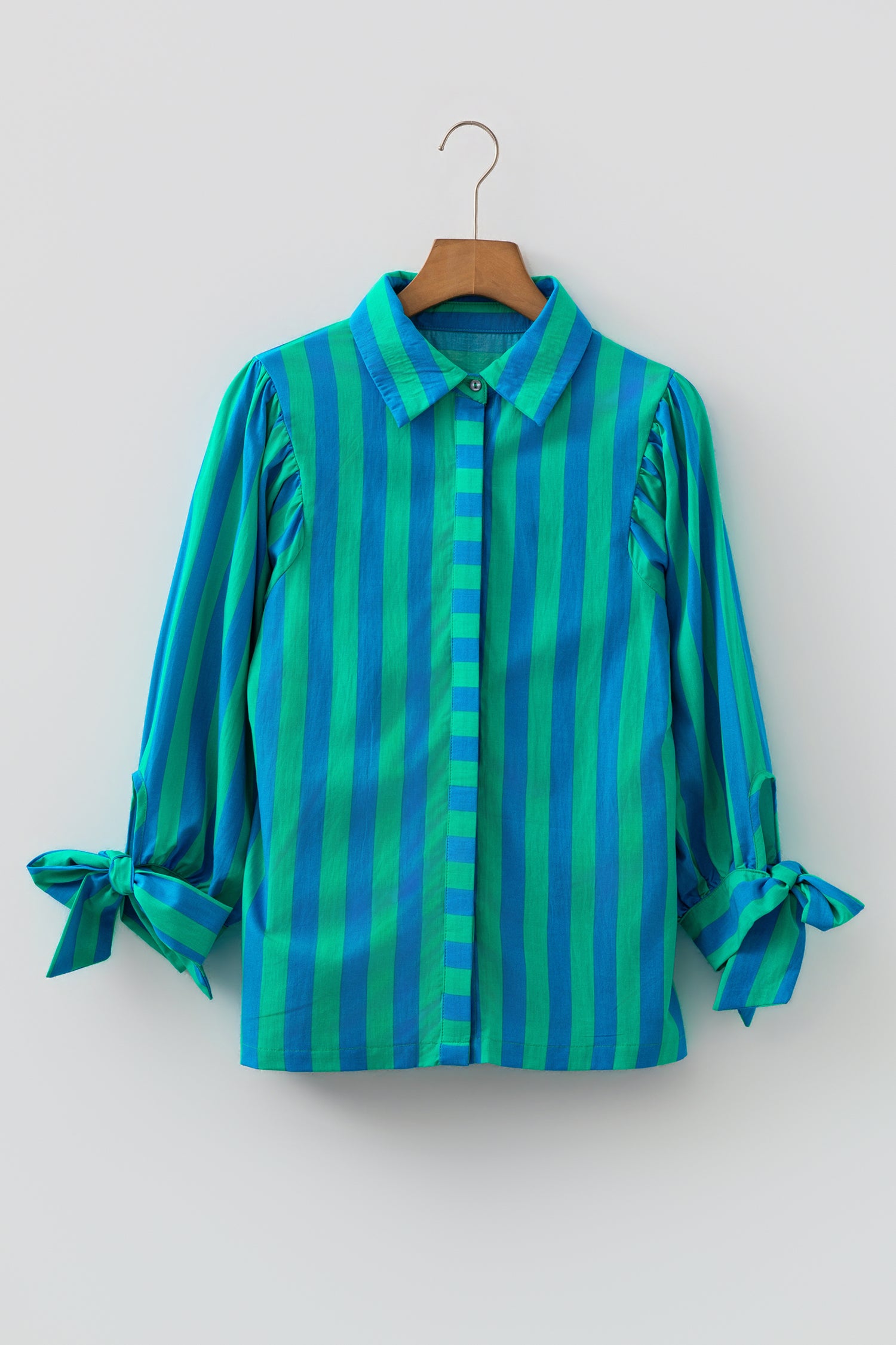 Red Stripe Tie Puff Sleeve Womens Button Down Shirt