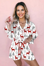 White Christmas Fashion Print Velvet Trim Bow Knot Pajama 2pcs Short Set