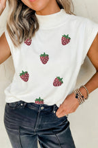 White Sequin Strawberry Graphic Mock Neck Short Sleeve Top