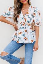 Green Floral Print Puff Sleeve V Neck Babydoll Blouse