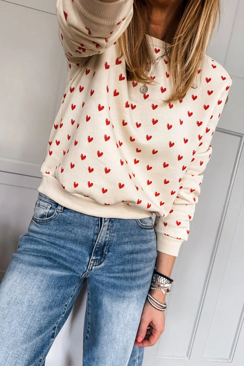 Beige Heart Print Round Neck Long Sleeve Regular Fit Sweatshirt