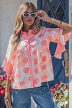 Pink Double Polka Dot Printed Ruffle Trim Short Sleeve Babydoll Shirt