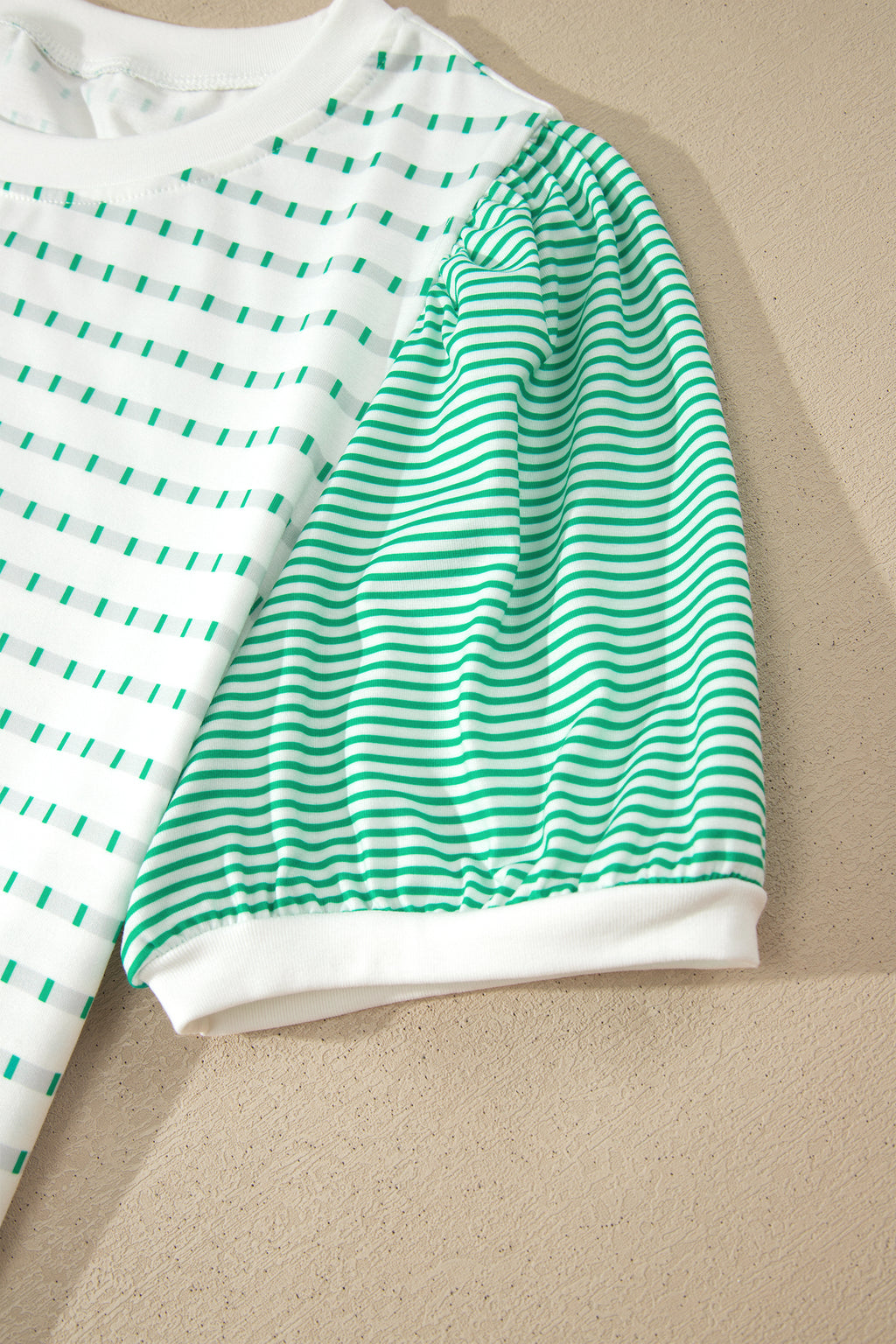 Green Striped Short Puff Sleeve Top